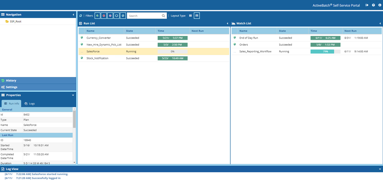 ActiveBatch Self-Service Portal for business and help desk users list view